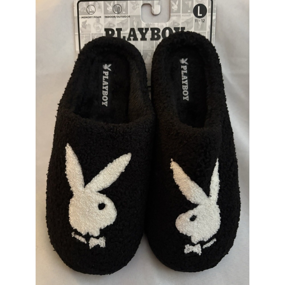 NEW Playboy SLIPPERS Bunny Logo Men's Large 11-12 Black & White Slip On Slippers